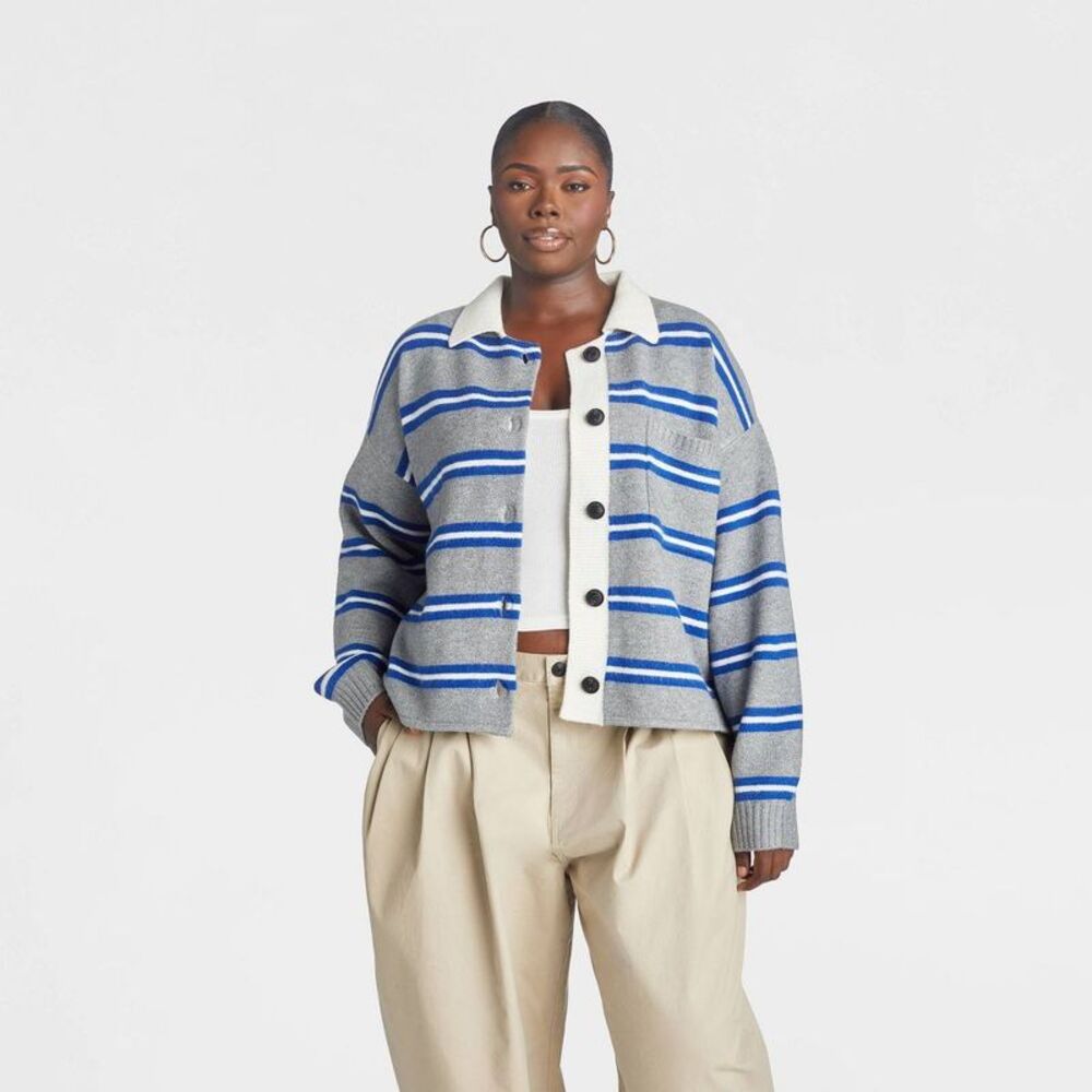 Women's Striped 'The School Boy Cardigan Sweater' - Gray/Blue/White 2X